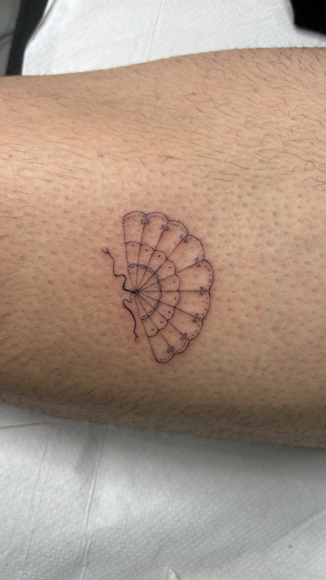 Tatuaje de abanico paracaidas fineline en pierna, línea fina