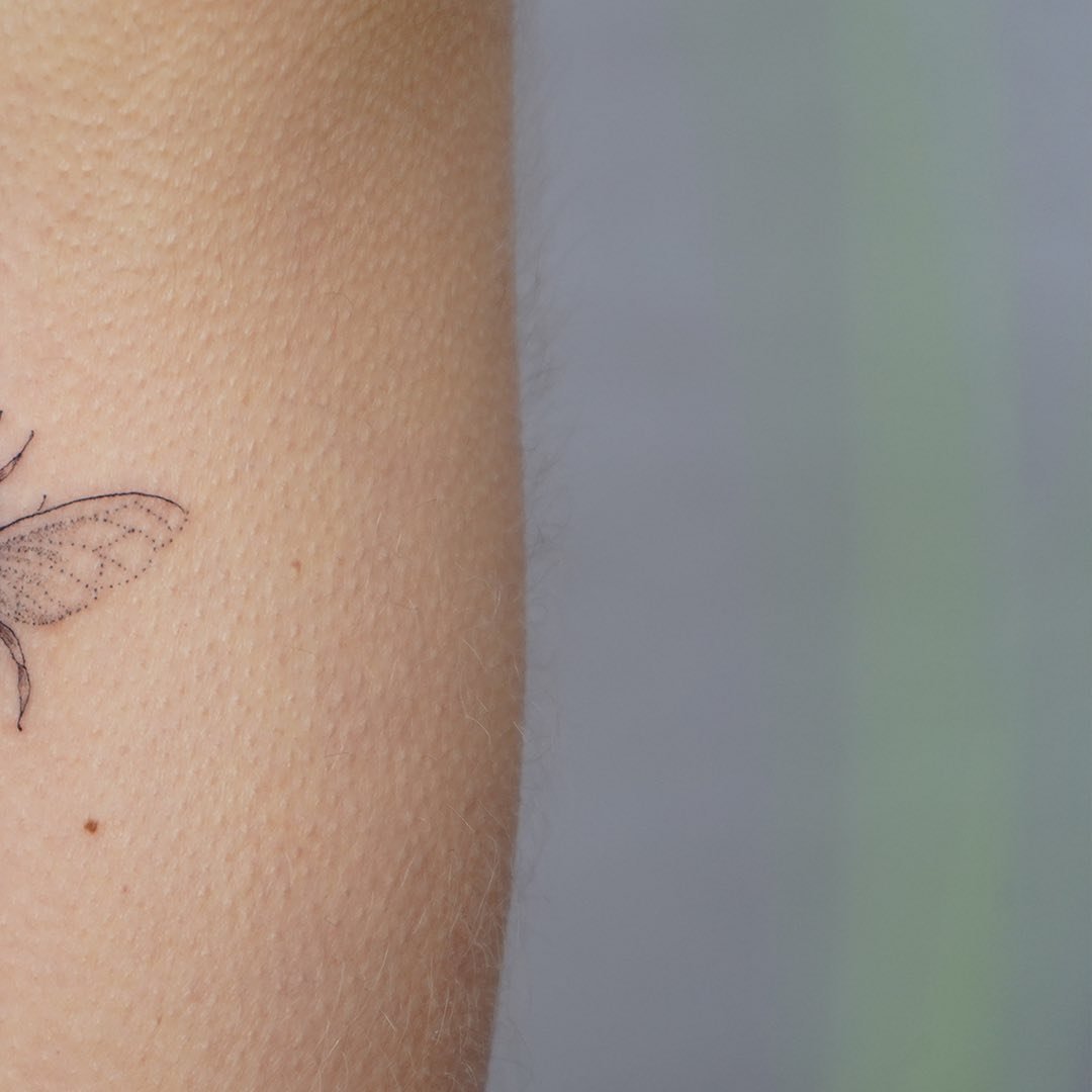 Tatuaje de mariposa en antebrazo, línea fina Sinkply Madrid