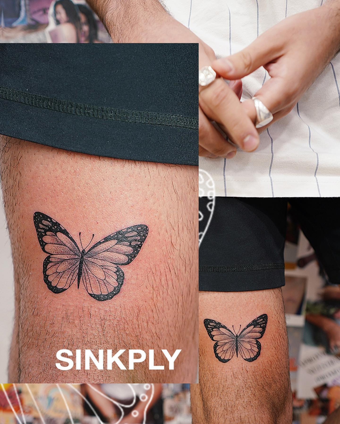 Tatuaje de mariposa en antebrazo, línea fina Sinkply Madrid