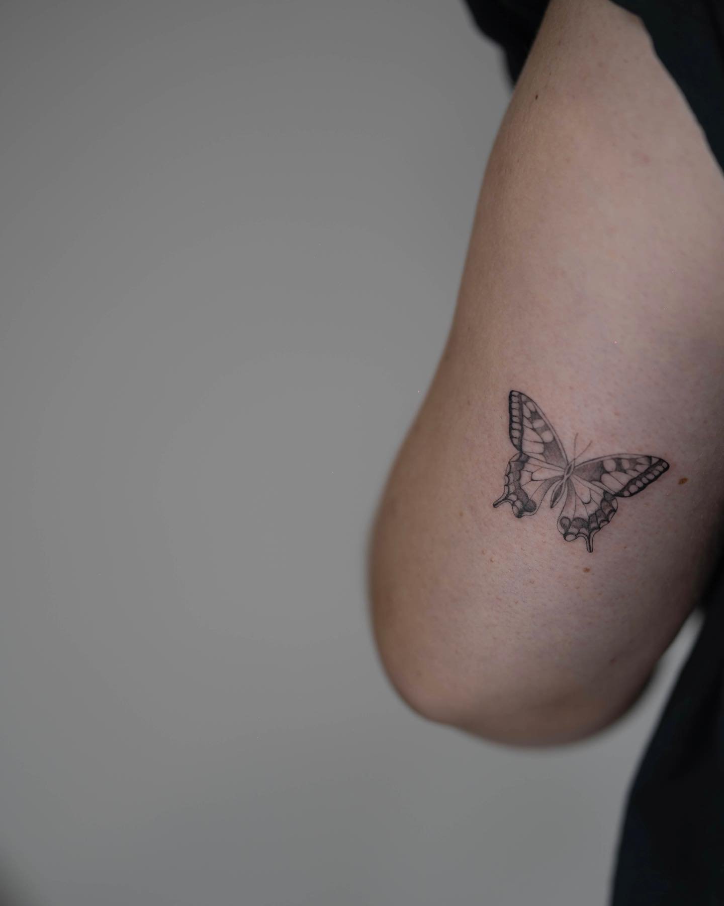 Tatuaje de mariposa en antebrazo, línea fina Sinkply Madrid