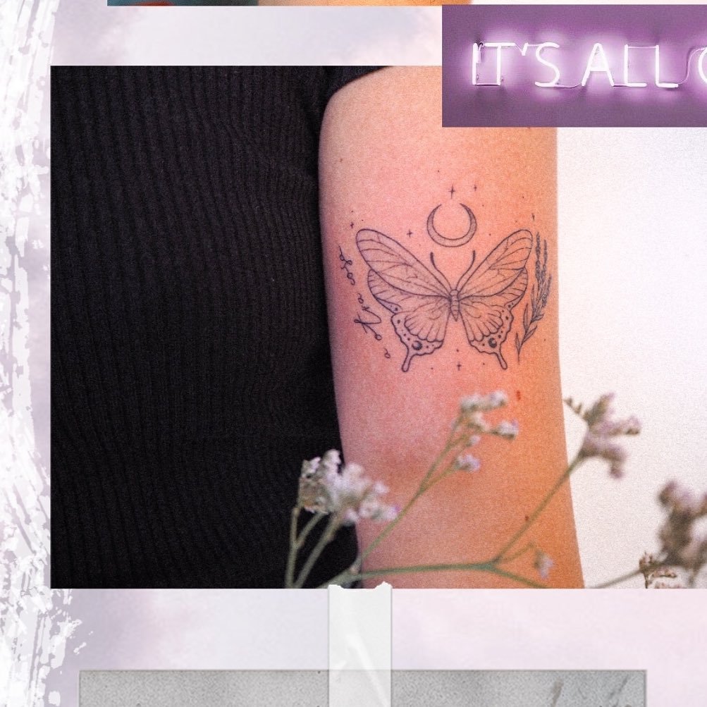 Tatuaje de mariposa en brazo, línea fina Sinkply Madrid