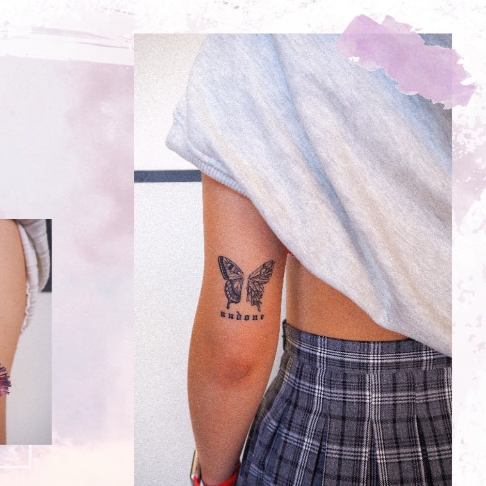 Tatuaje de mariposa en brazo, línea fina Sinkply Madrid