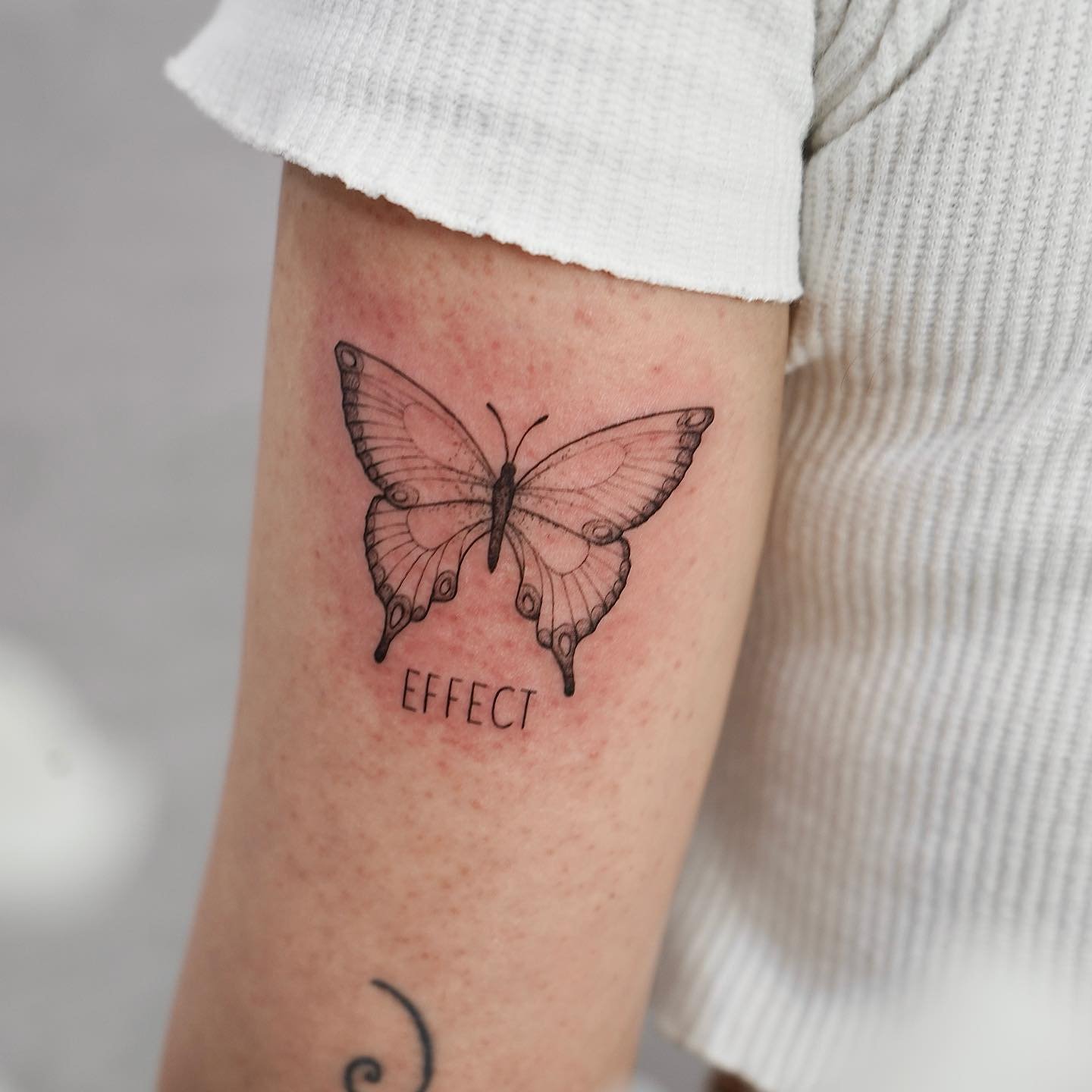 Tatuaje de mariposa en brazo, línea fina Sinkply Madrid