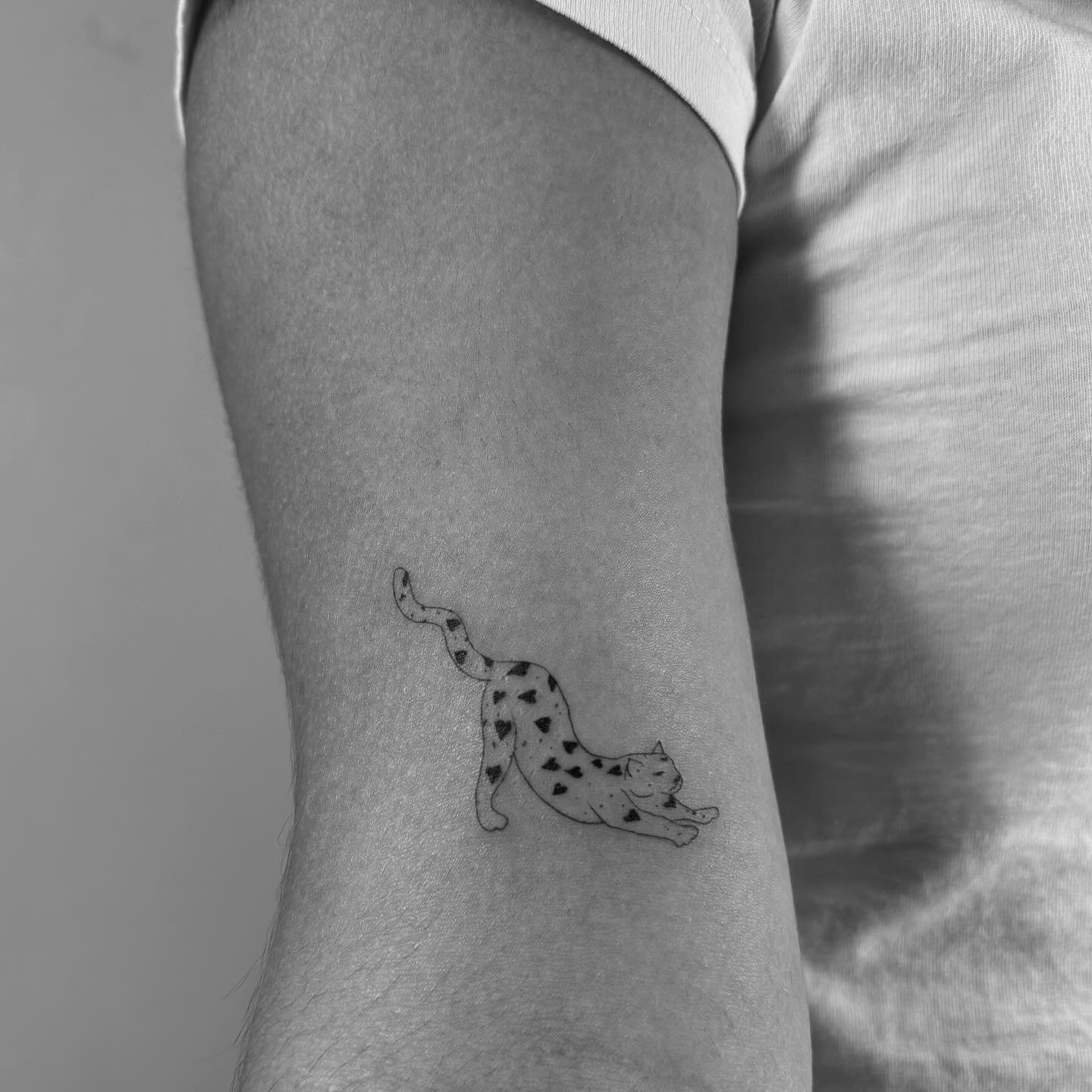 Tatuaje de pet en pierna, línea fina Sinkply Madrid