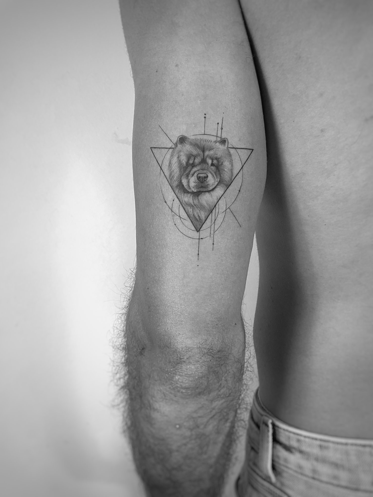 Tatuaje de chow chow triangulo geométrico en brazo, línea fina