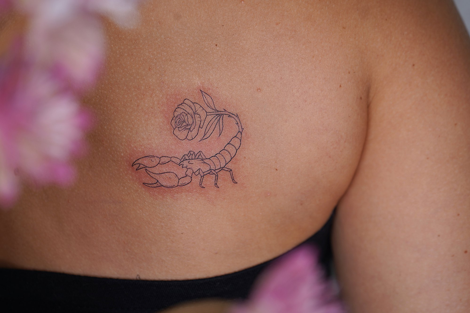 Tatuaje de escorpion rosa en espalda, línea fina