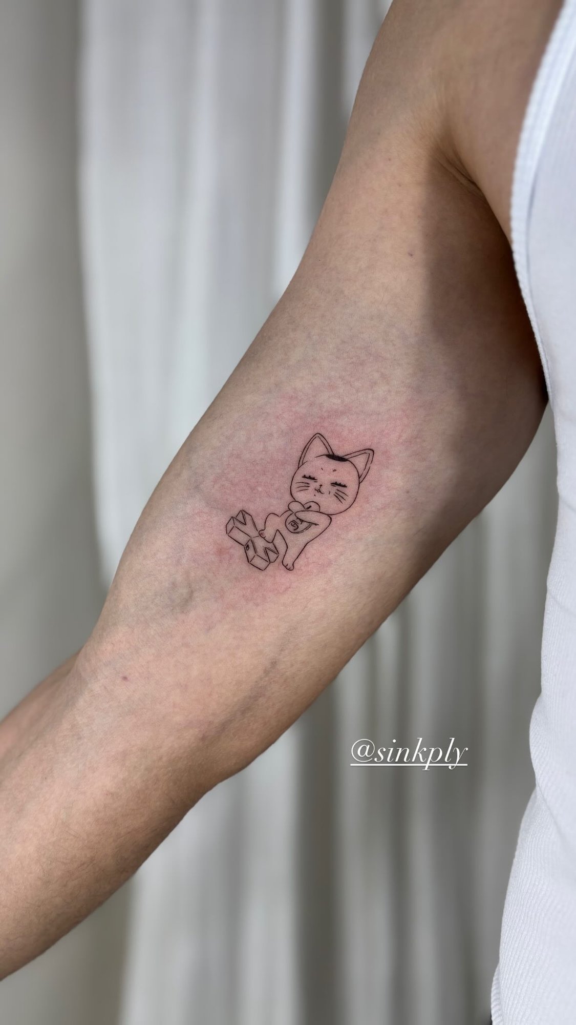 Tatuaje de gato jugando estilo minimal en brazo, línea fina