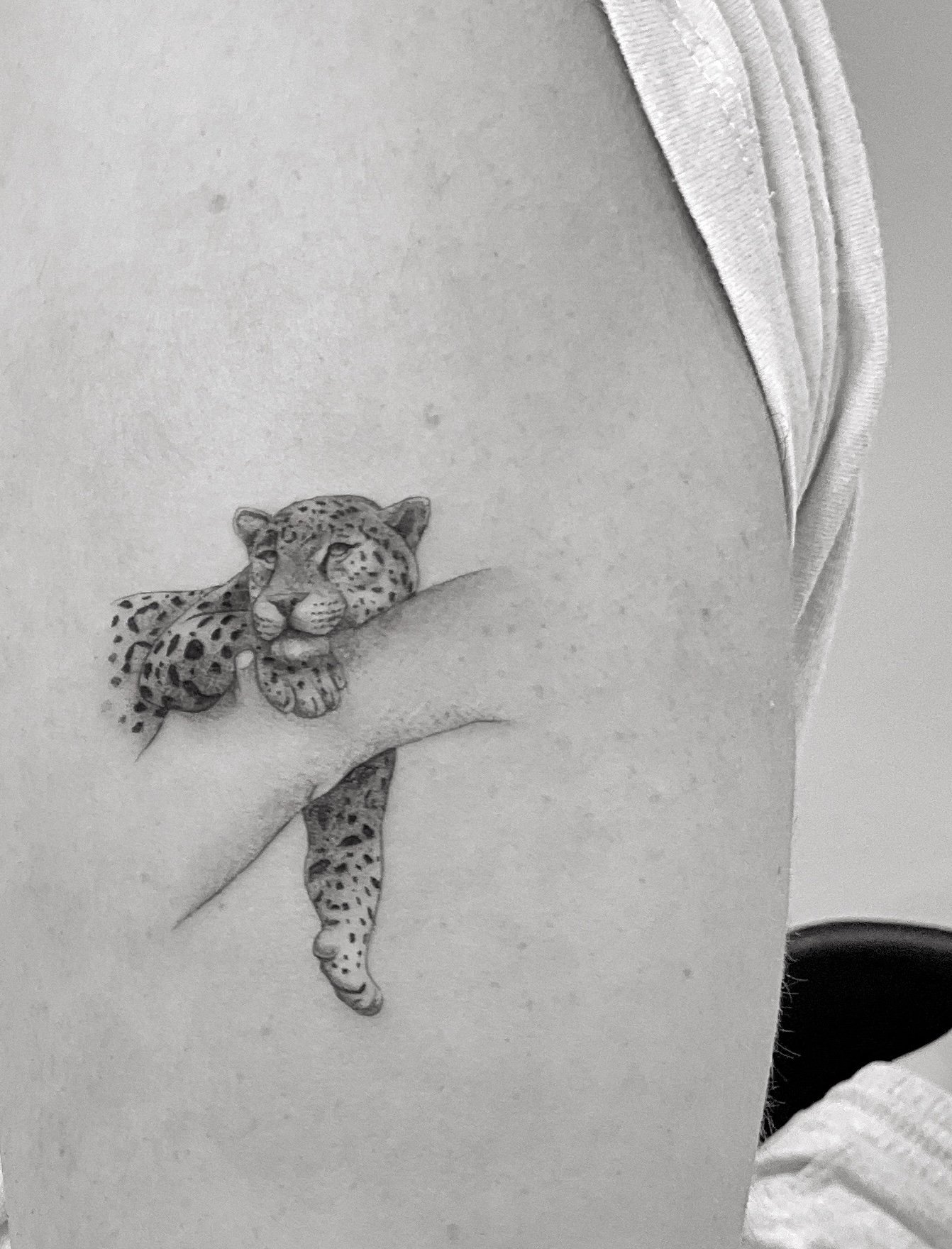 Tatuaje de leopardo saliendo de piel en costilla, línea fina