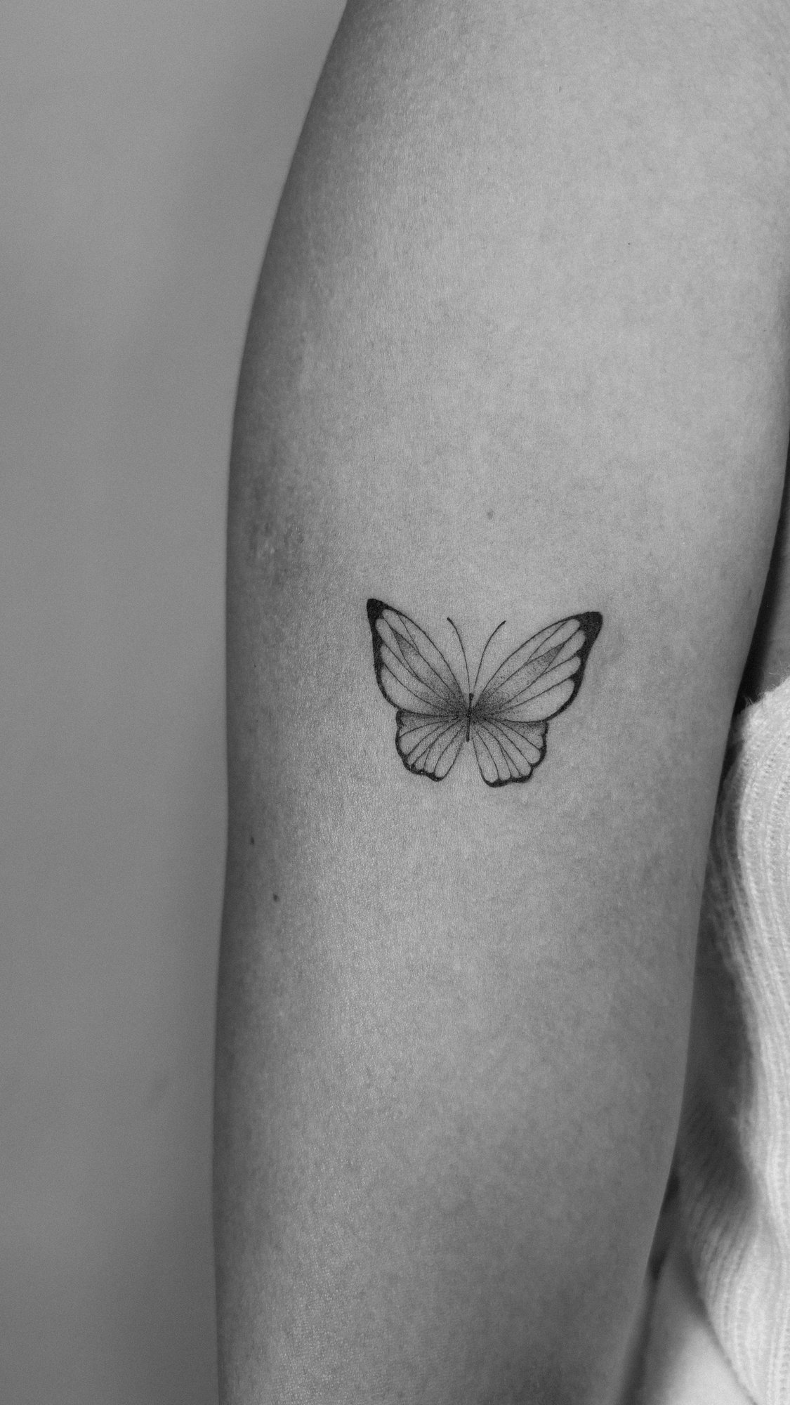 Tatuaje de mariposa fineline delicada en brazo, línea fina