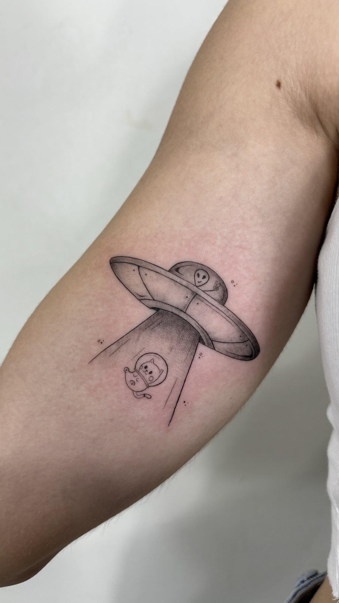 Tatuaje de ovni abduciendo gato astronaut en brazo, línea fina