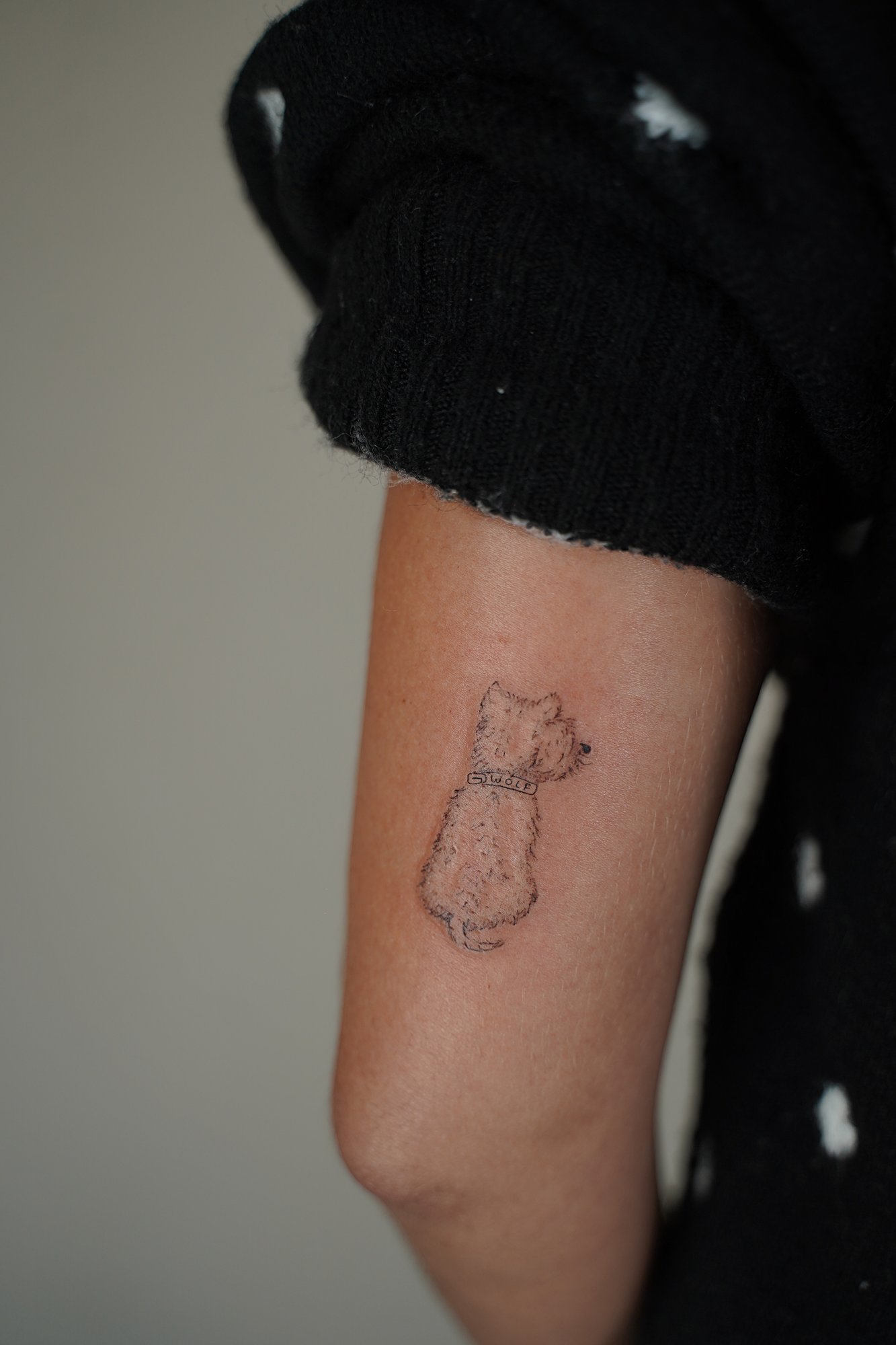 Tatuaje de perro lineal en codo, línea fina