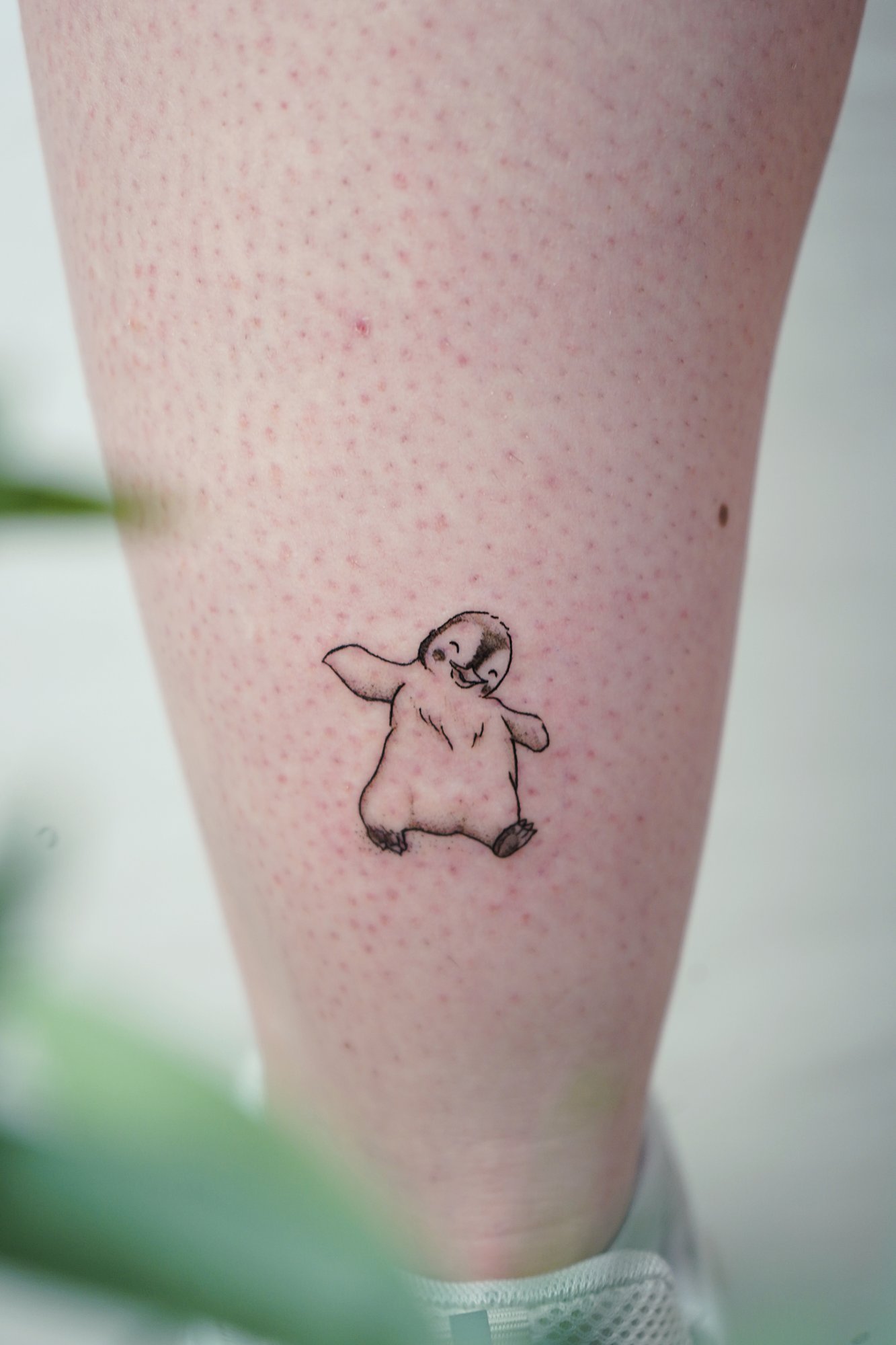 Tatuaje de pinguino en tobillo, línea fina