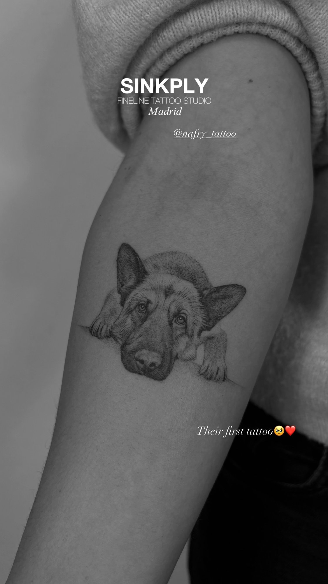 Tatuaje de retrato realista pastor aleman en antebrazo, línea fina