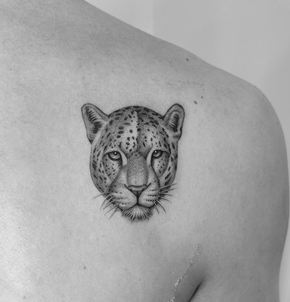 Tatuaje de rostro leopardo realista en hombro, línea fina