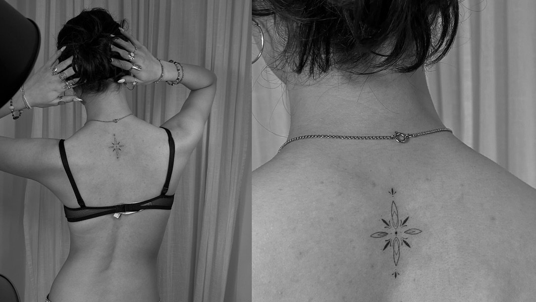 Tatuaje de estrella en espalda, línea fina Sinkply Madrid