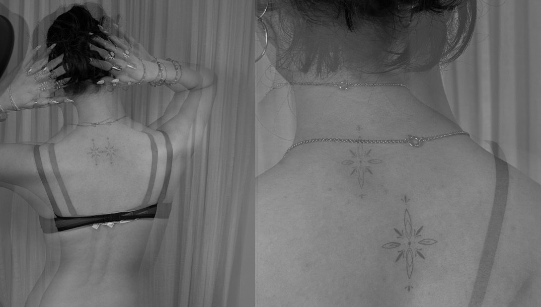 Tatuaje de estrella en espalda, línea fina Sinkply Madrid