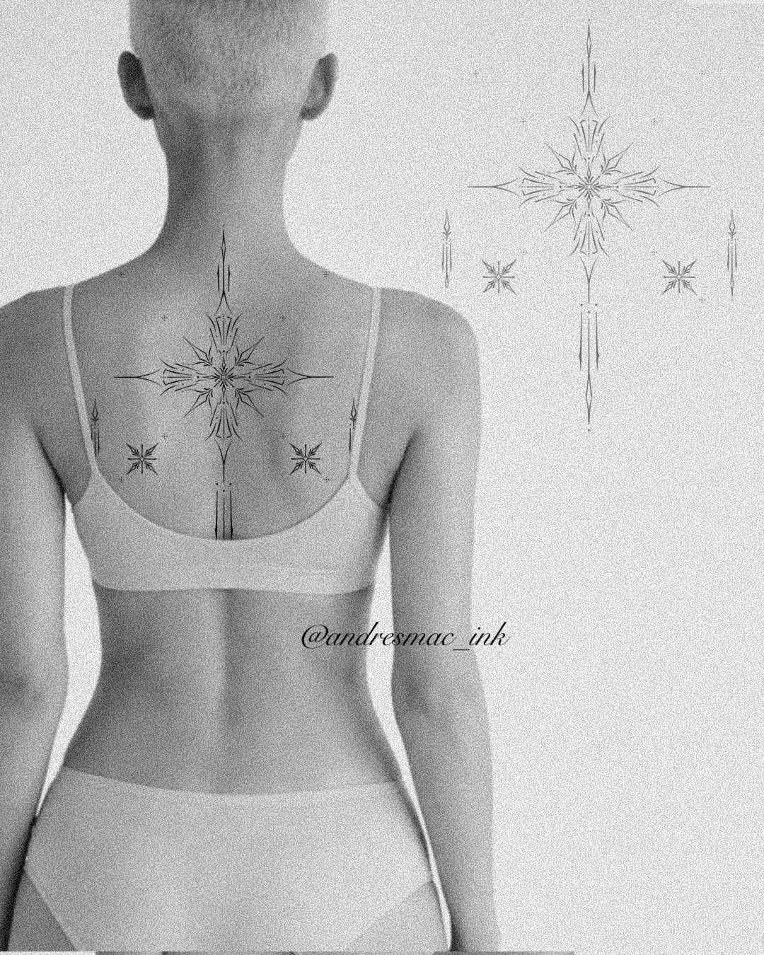Tatuaje de estrella en espalda, línea fina Sinkply Madrid