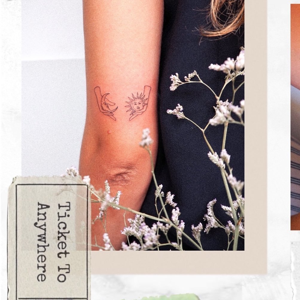 Tatuaje de sol en antebrazo, línea fina Sinkply Madrid