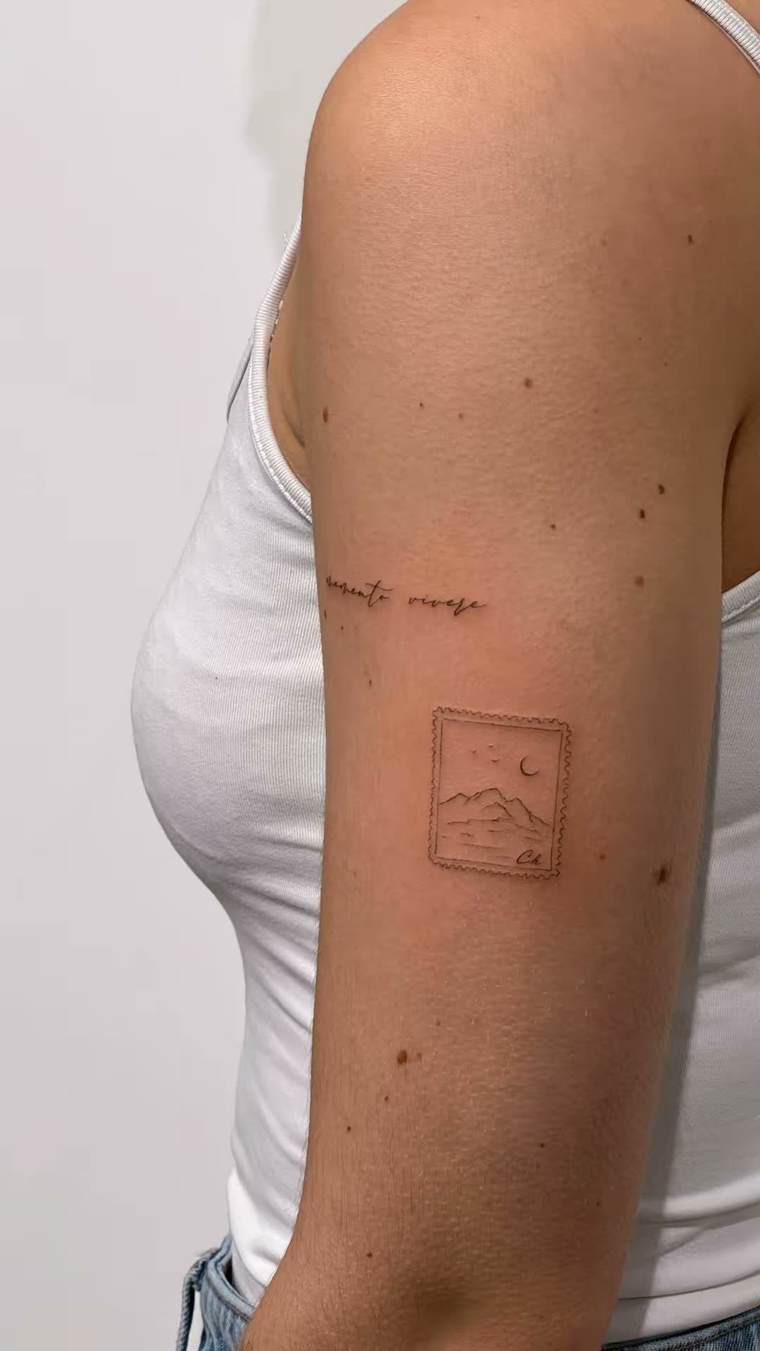Tatuaje de sello montanas luna en zona desconocida, línea fina