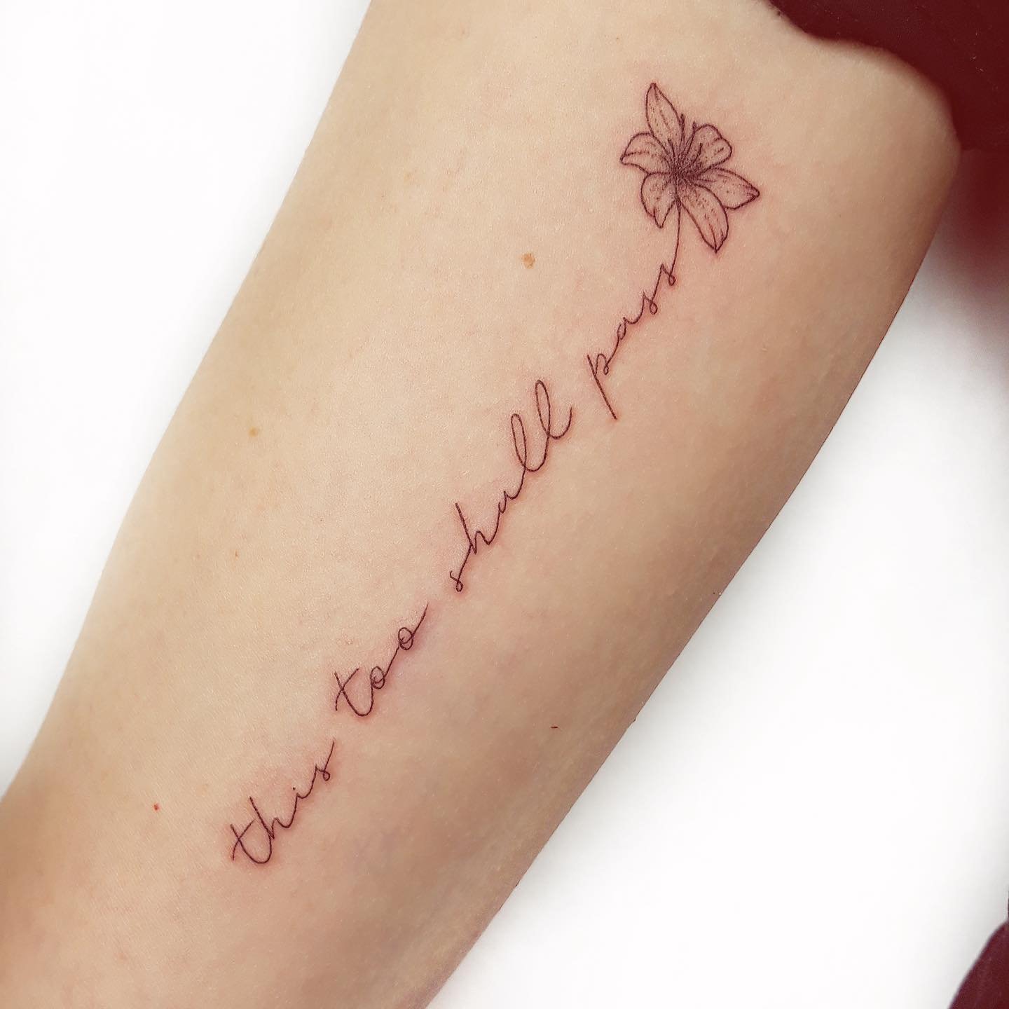 Tatuaje de flor en antebrazo, línea fina Sinkply Madrid