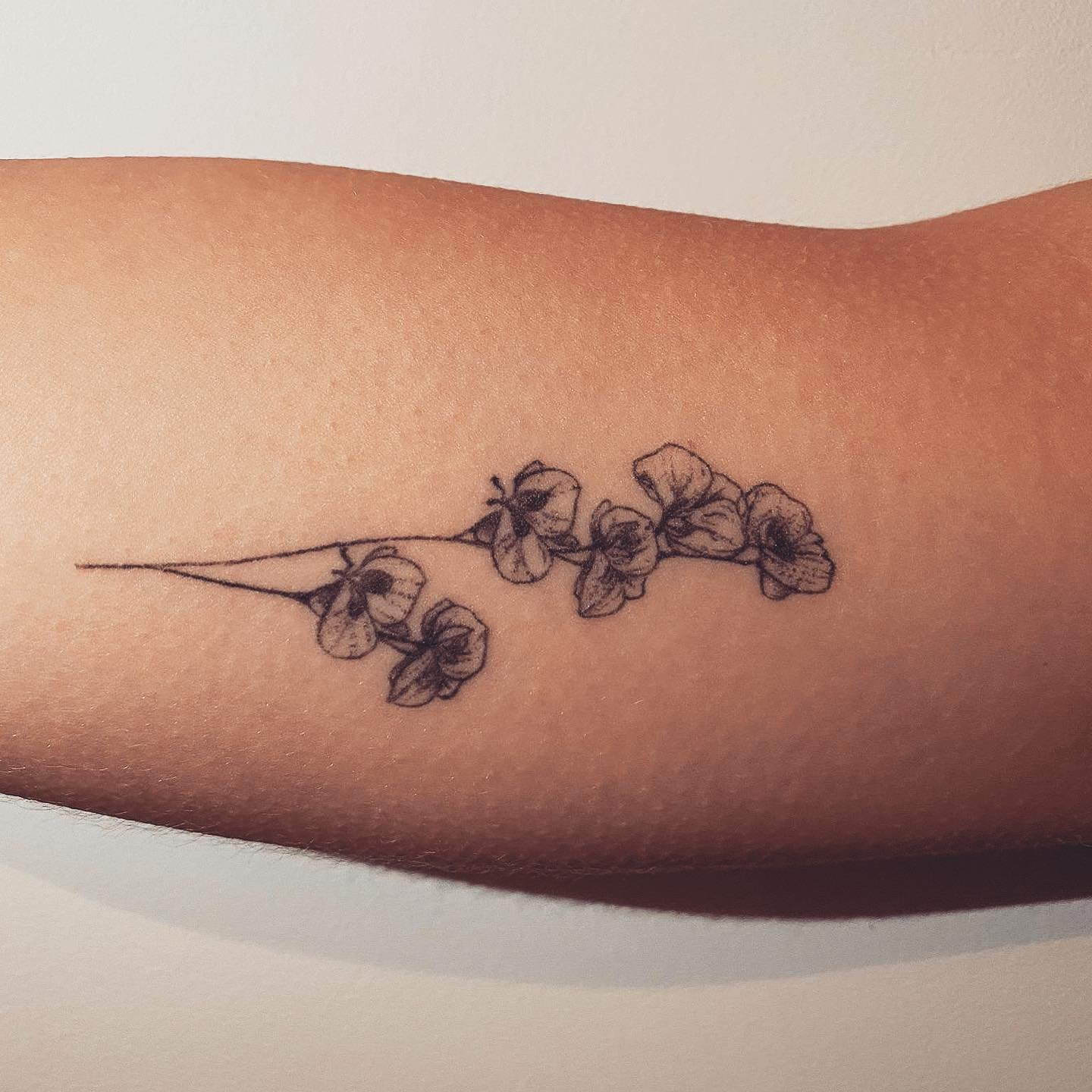 Tatuaje de flor en antebrazo, línea fina Sinkply Madrid
