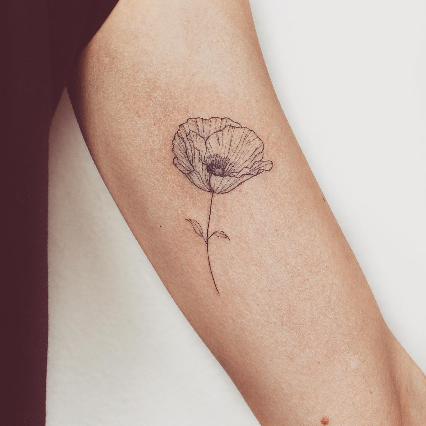 Tatuaje de flor en antebrazo, línea fina Sinkply Madrid
