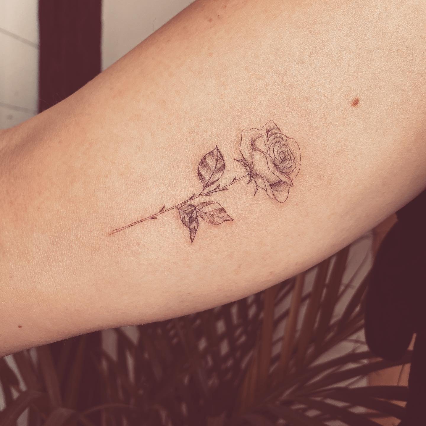 Tatuaje de flor en antebrazo, línea fina Sinkply Madrid