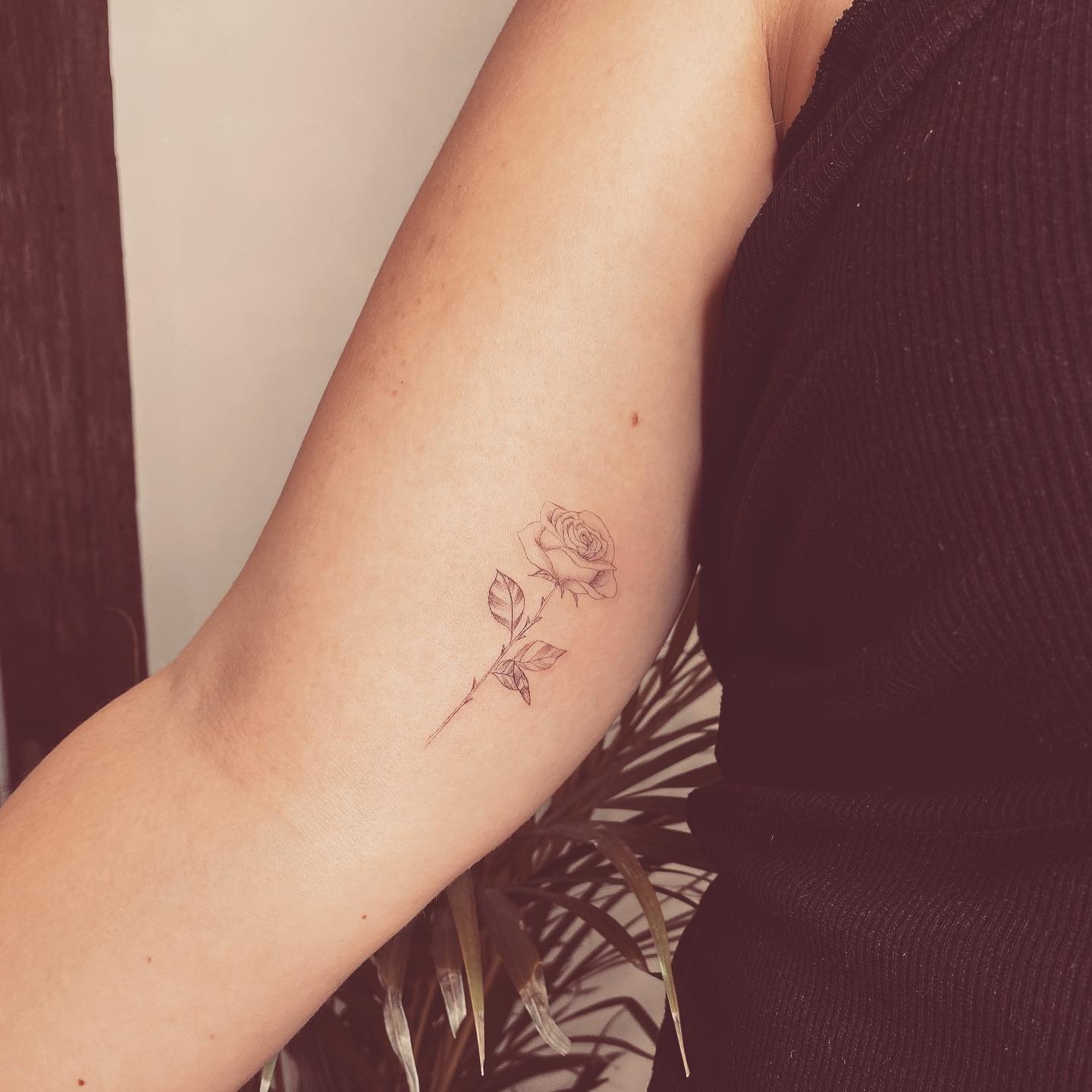 Tatuaje de flor en antebrazo, línea fina Sinkply Madrid