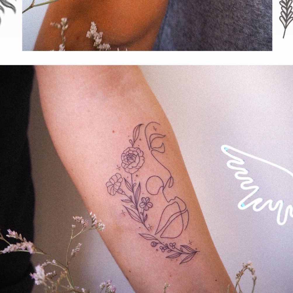 Tatuaje de flor en antebrazo, línea fina Sinkply Madrid