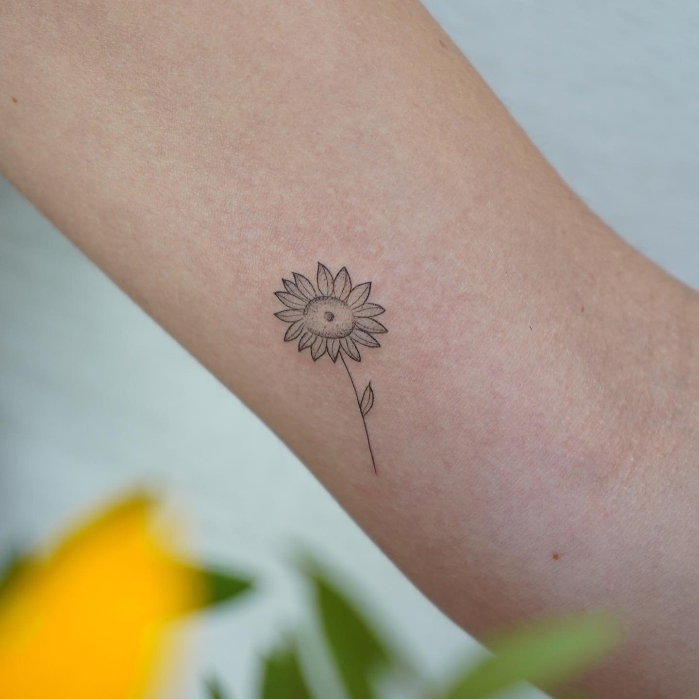 Tatuaje de flor en antebrazo, línea fina Sinkply Madrid