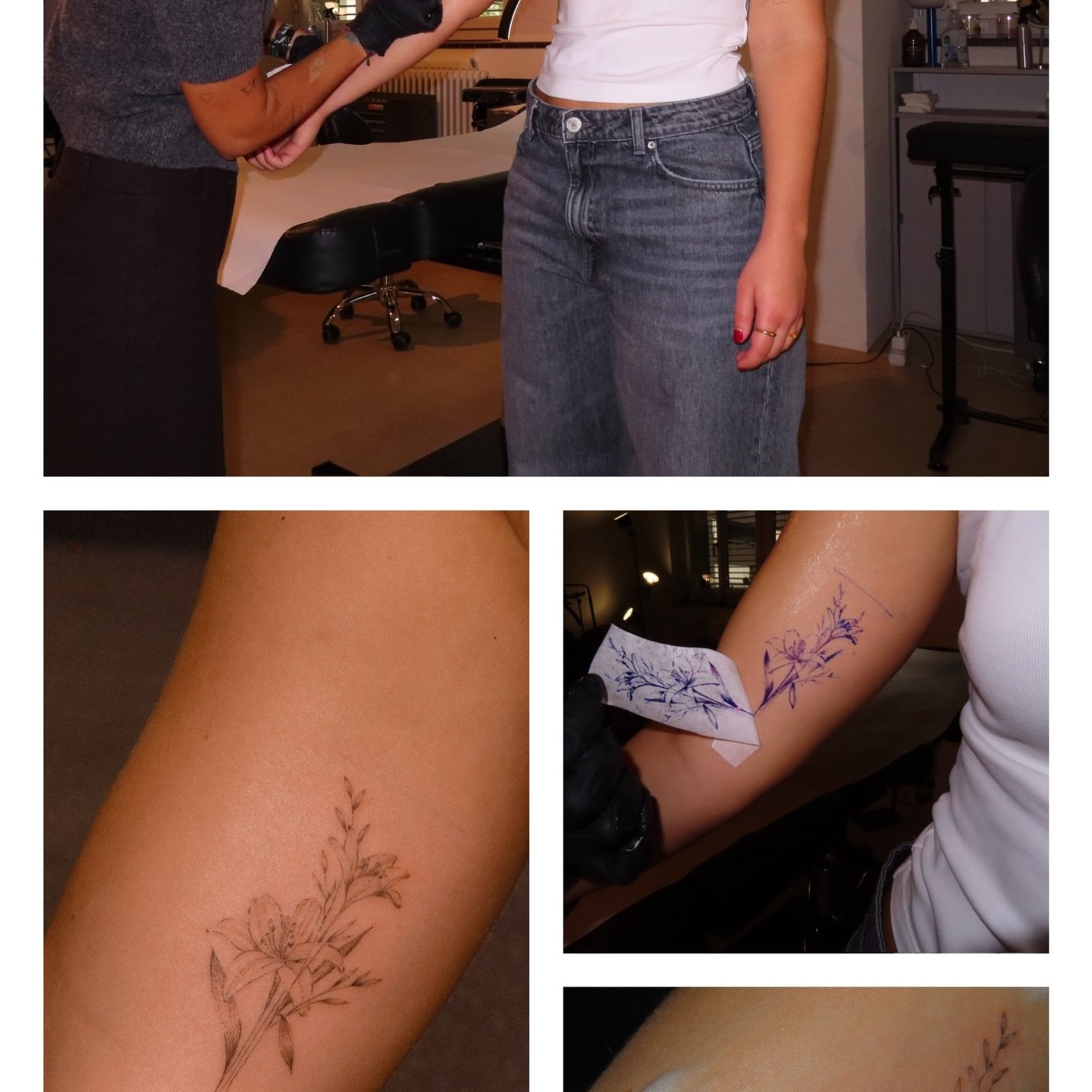 Tatuaje de flor en antebrazo, línea fina Sinkply Madrid