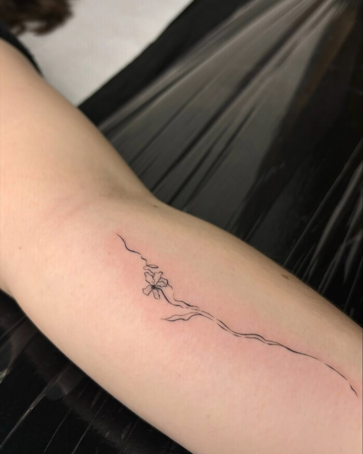 Tatuaje de flor en antebrazo, línea fina Sinkply Madrid