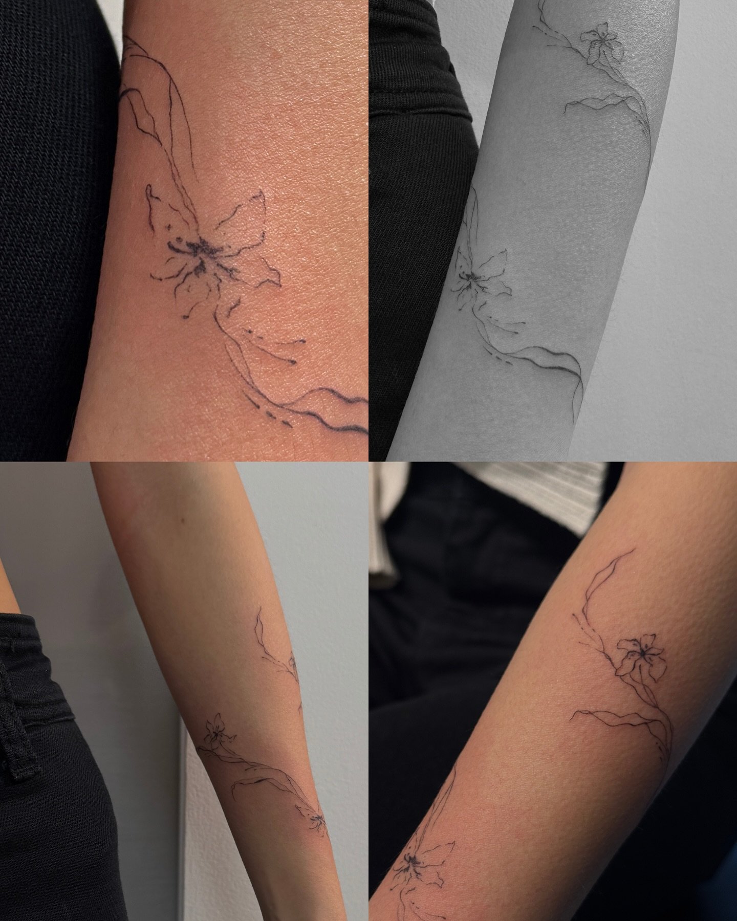 Tatuaje de flor en antebrazo, línea fina Sinkply Madrid