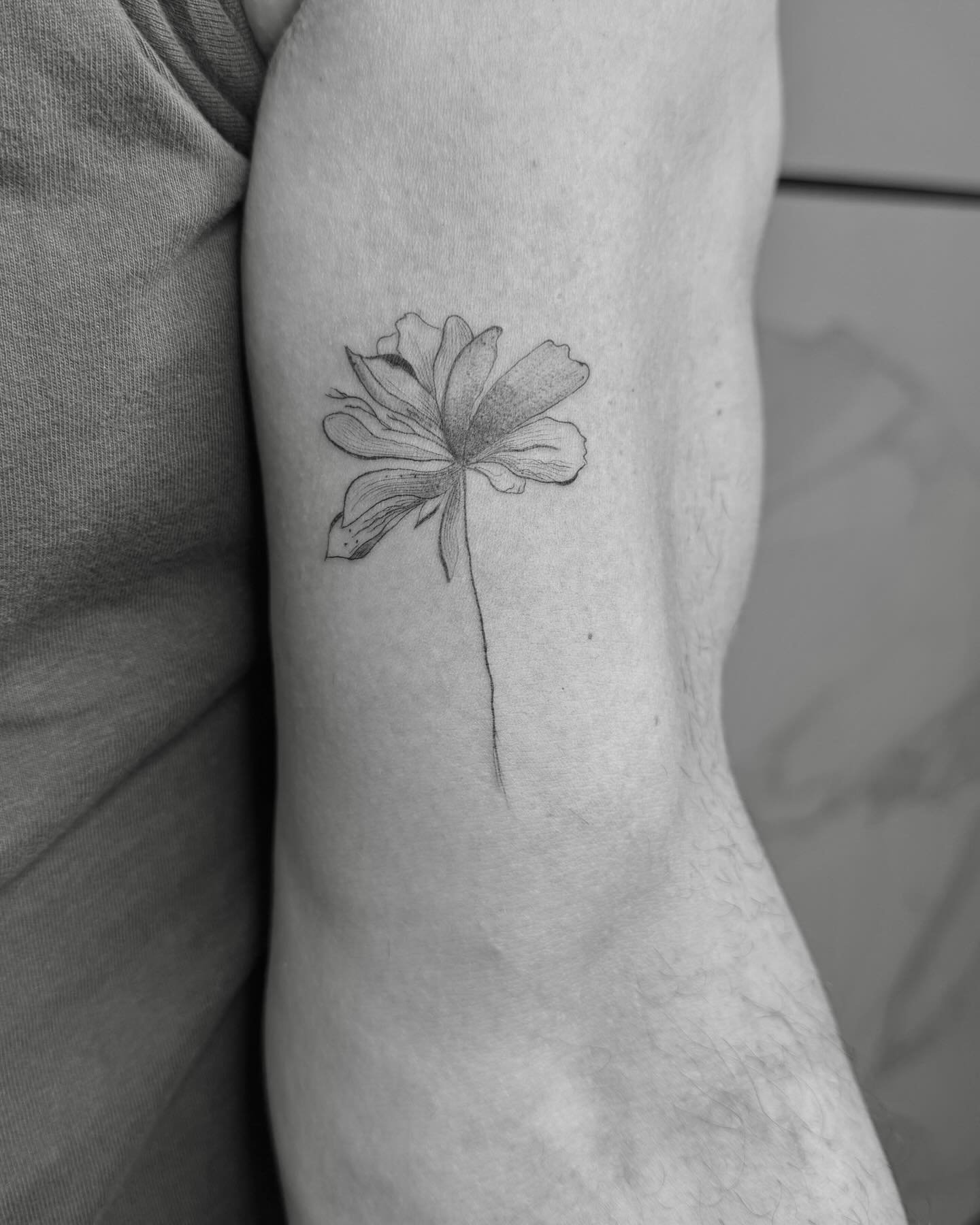 Tatuaje de flor en antebrazo, línea fina Sinkply Madrid