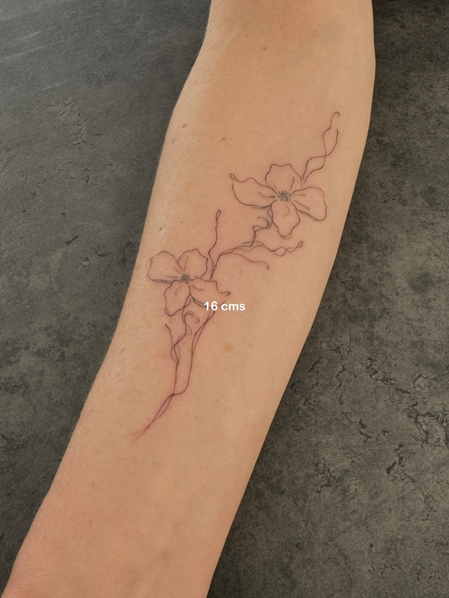 Tatuaje de flor en antebrazo, línea fina Sinkply Madrid