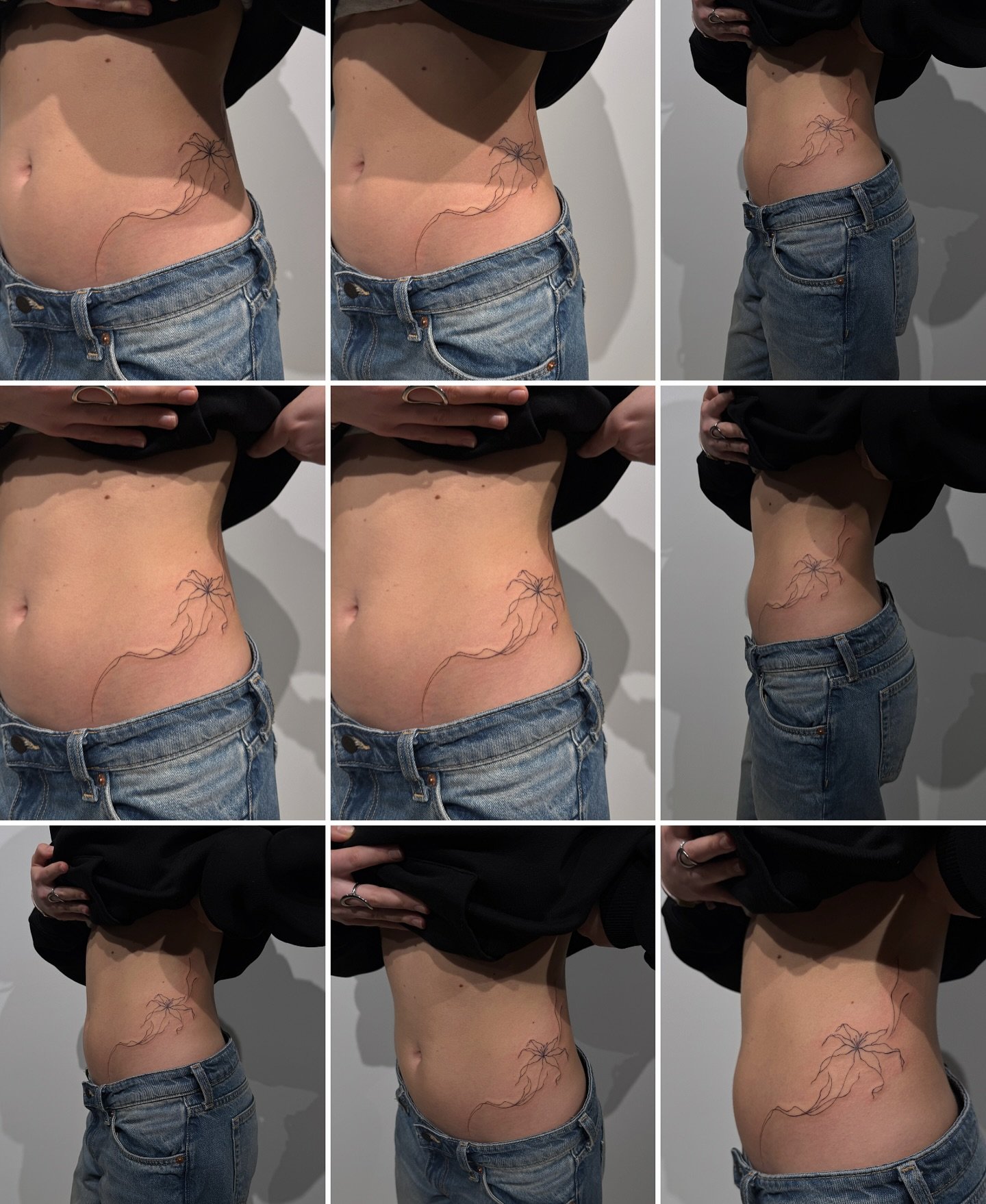 Tatuaje de flor en costilla, línea fina Sinkply Madrid
