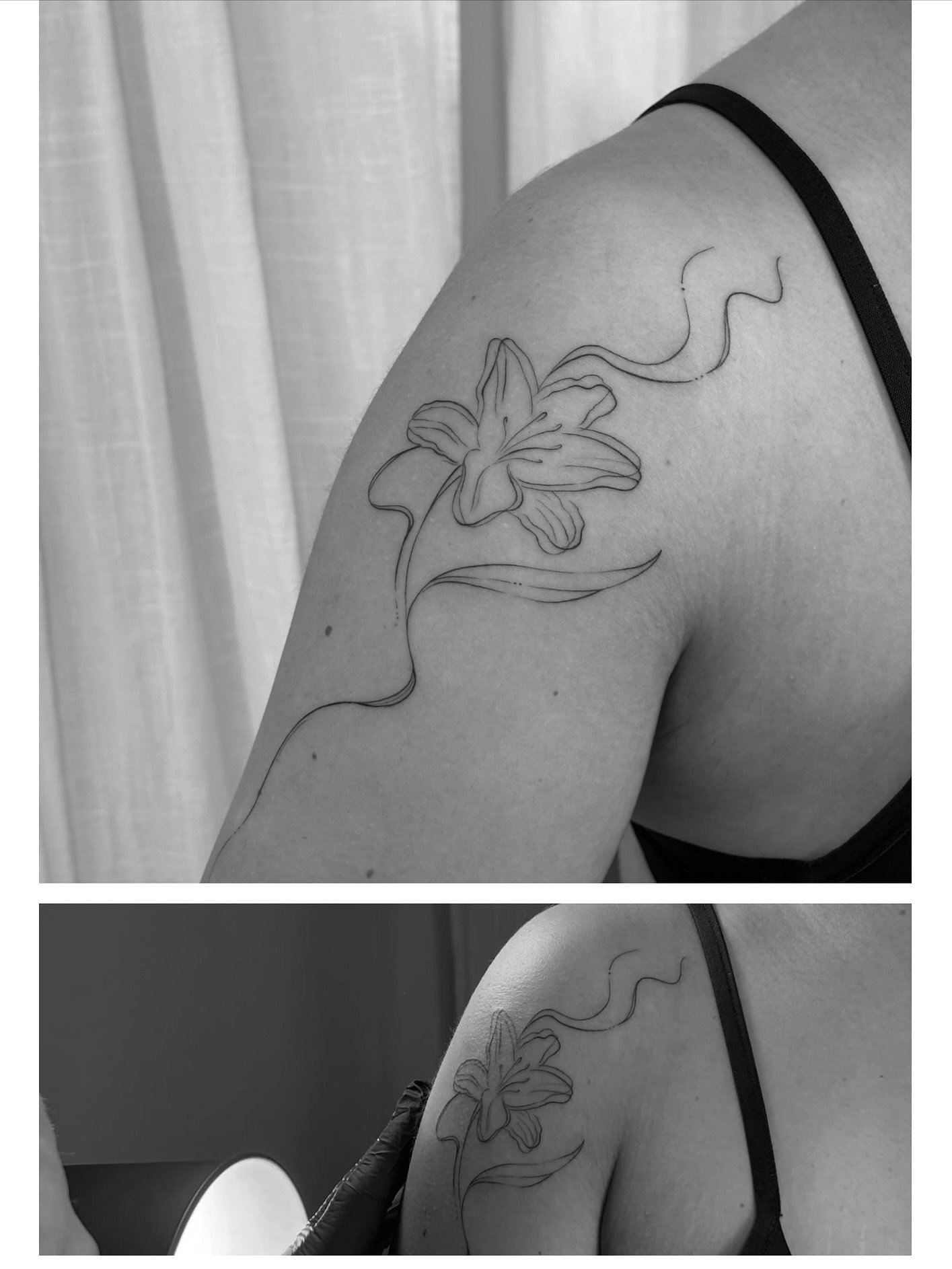 Tatuaje de flor en hombro, línea fina Sinkply Madrid