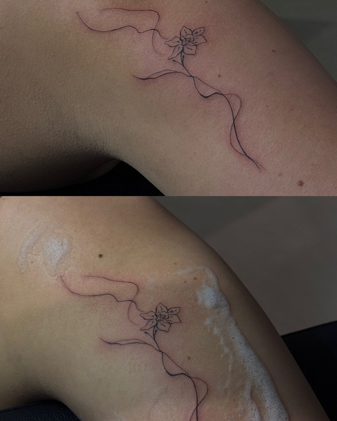 Tatuaje de flor en hombro, línea fina Sinkply Madrid