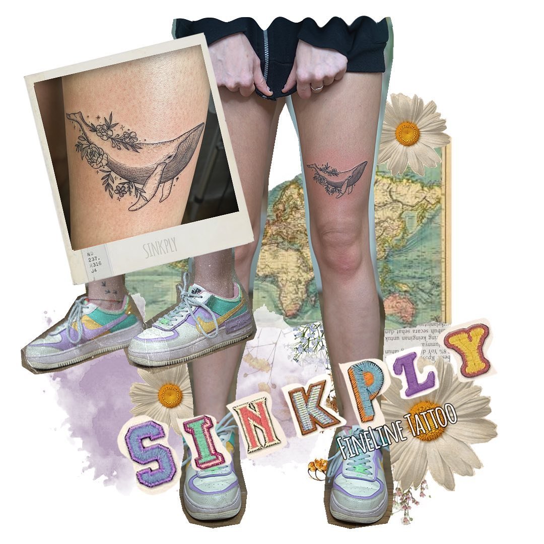 Tatuaje de flor en pierna, línea fina Sinkply Madrid