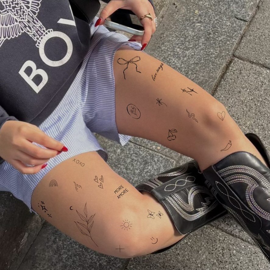 Tatuaje de flor en pierna, línea fina Sinkply Madrid