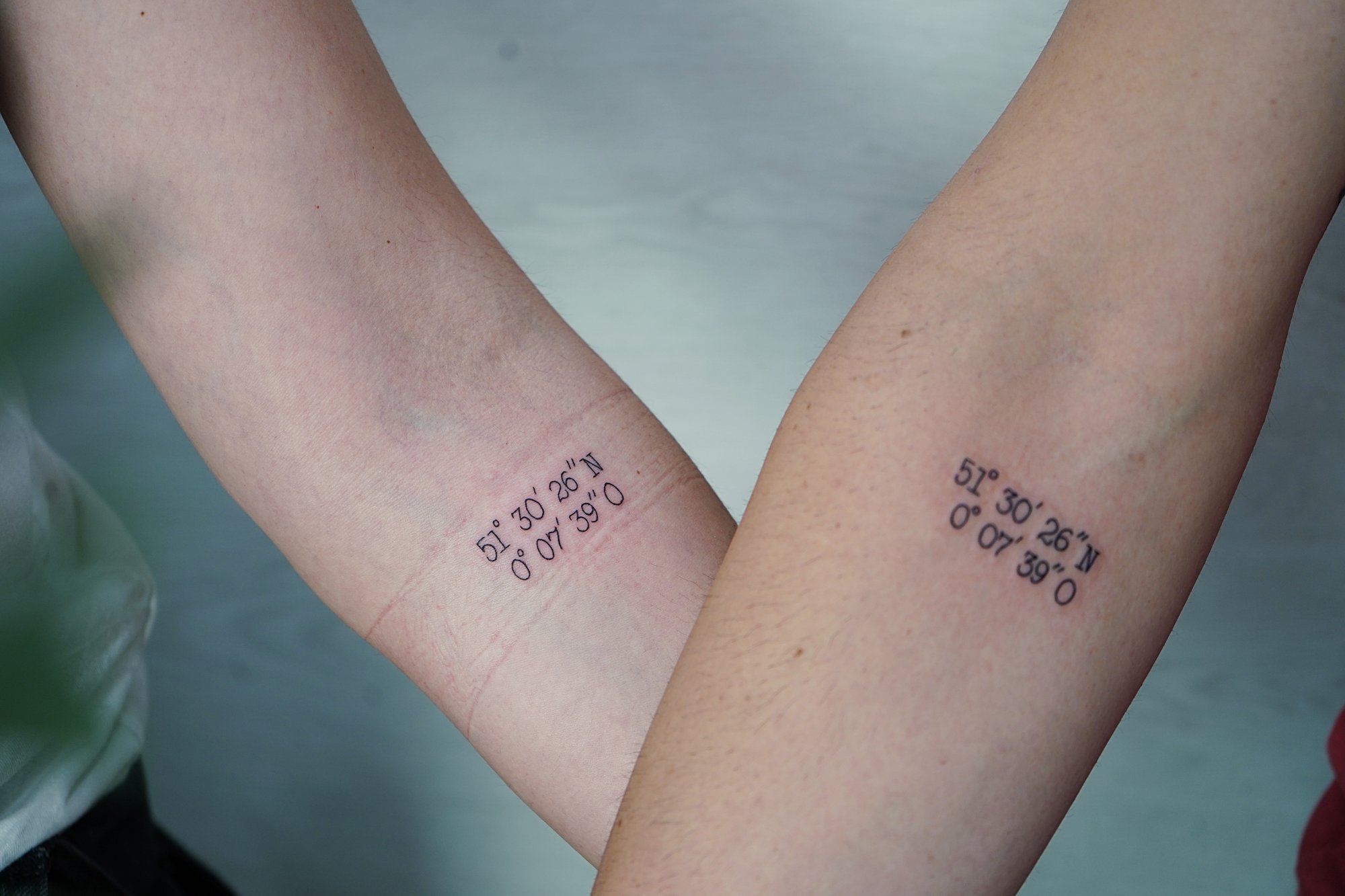 Tatuaje de coordenadas en antebrazo, línea fina