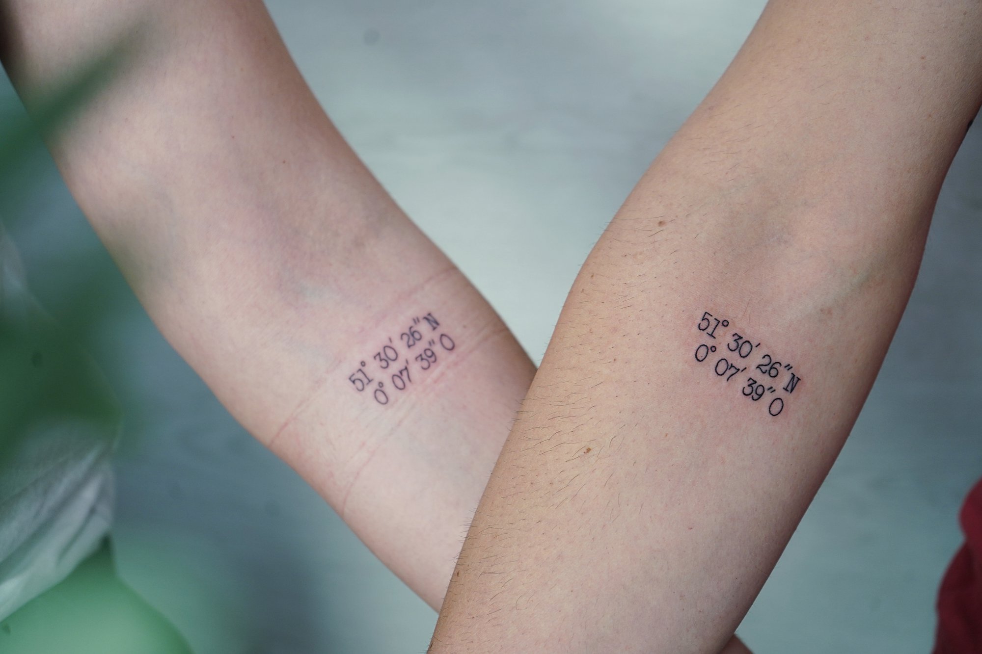 Tatuaje de coordenadas en antebrazo, línea fina
