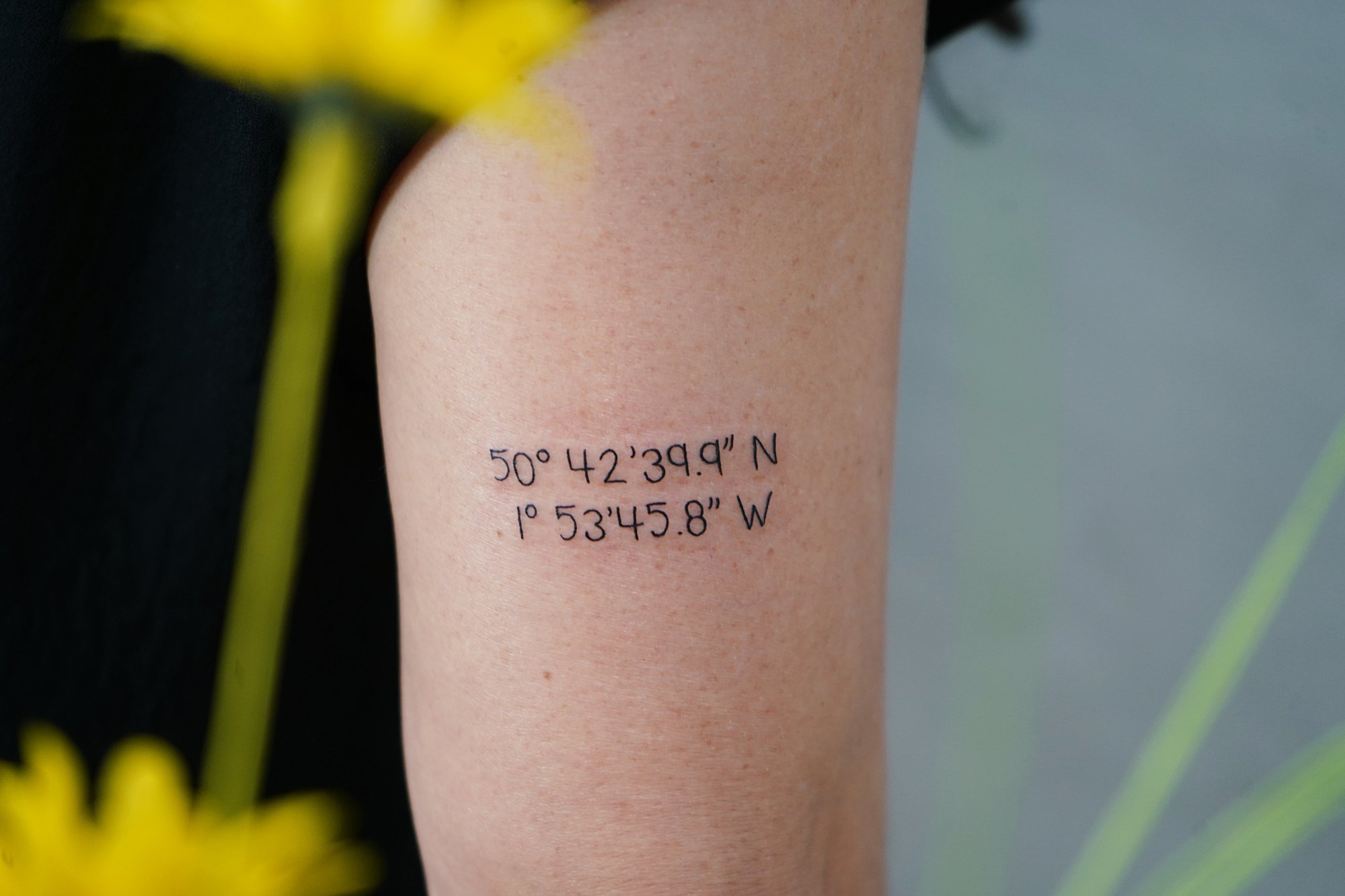 Tatuaje de coordenadas en zona desconocida, línea fina