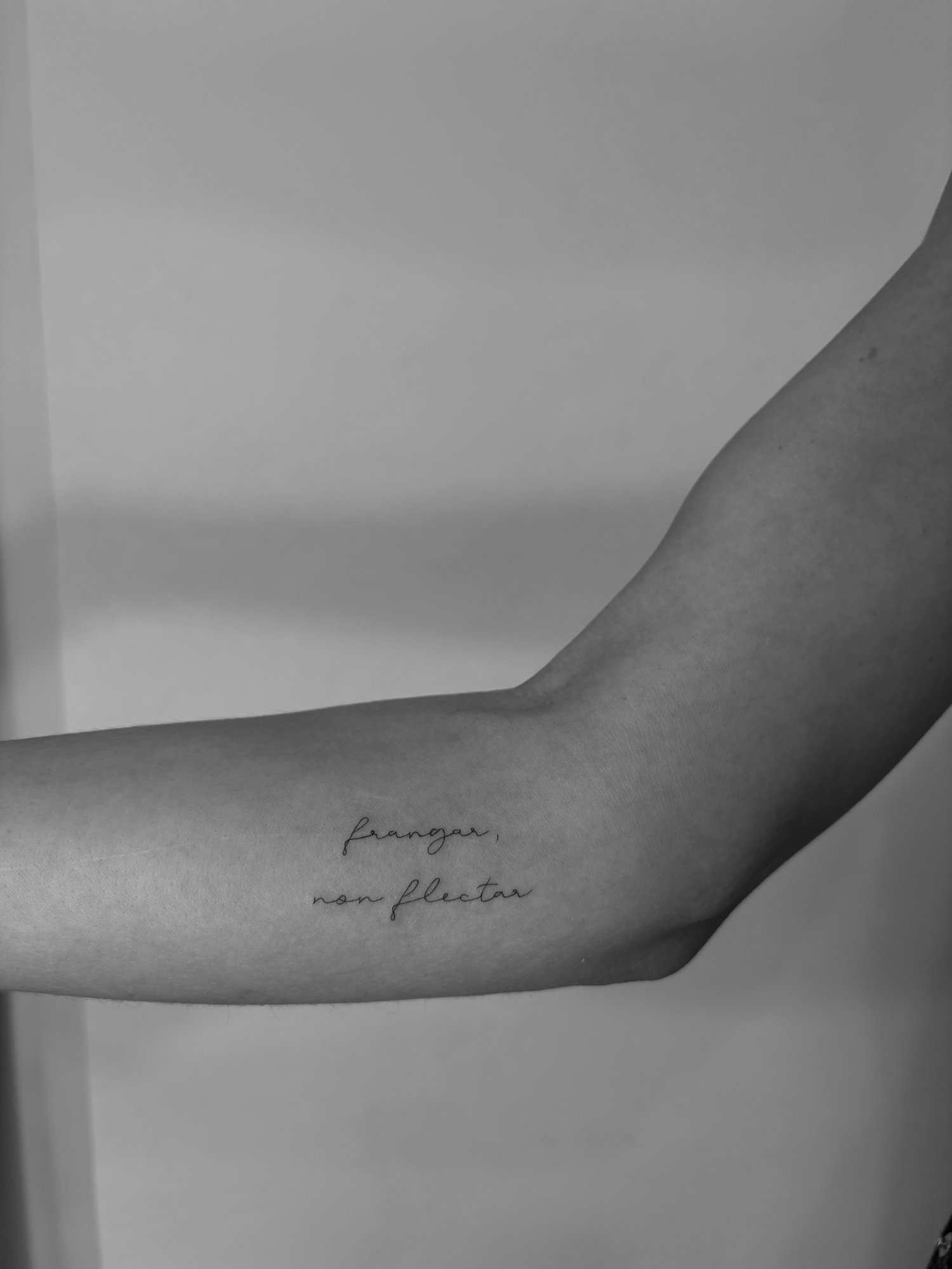 Tatuaje de frangar non flectar latin en brazo, línea fina