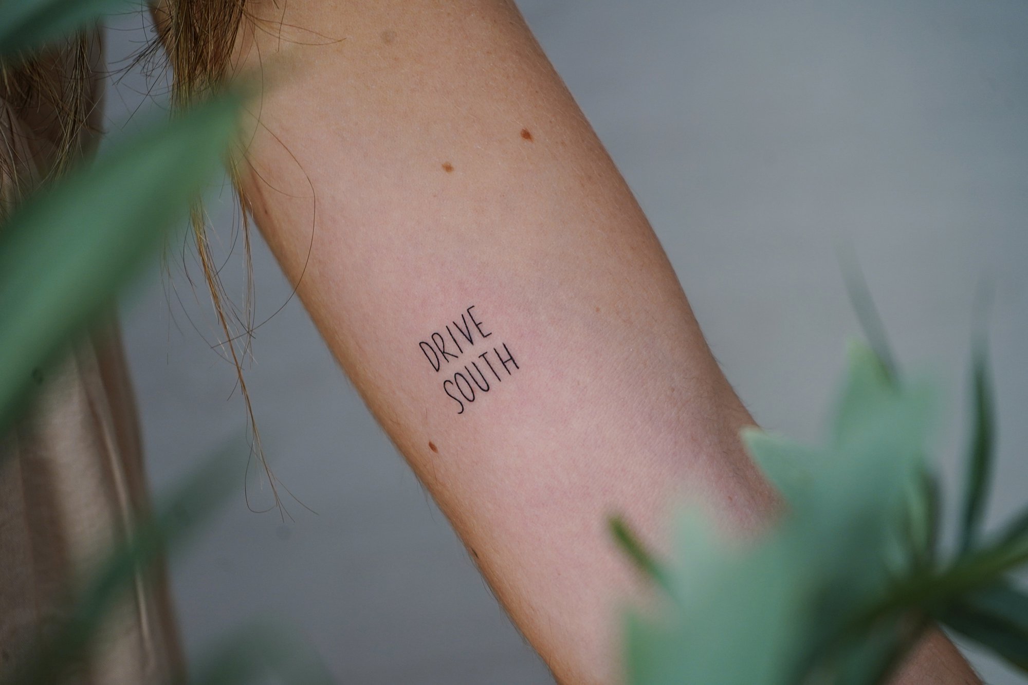 Tatuaje de frase drive south en zona desconocida, línea fina