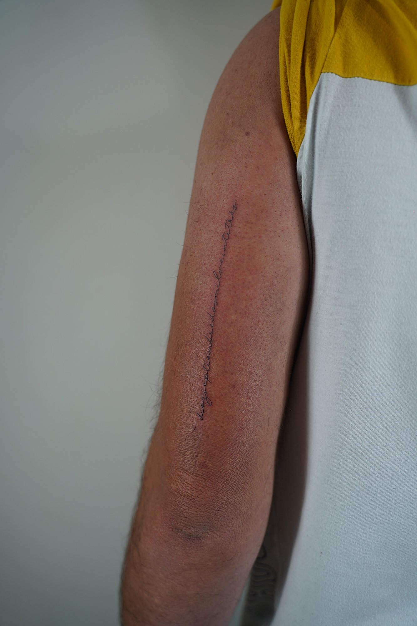 Tatuaje de frase en codo, línea fina