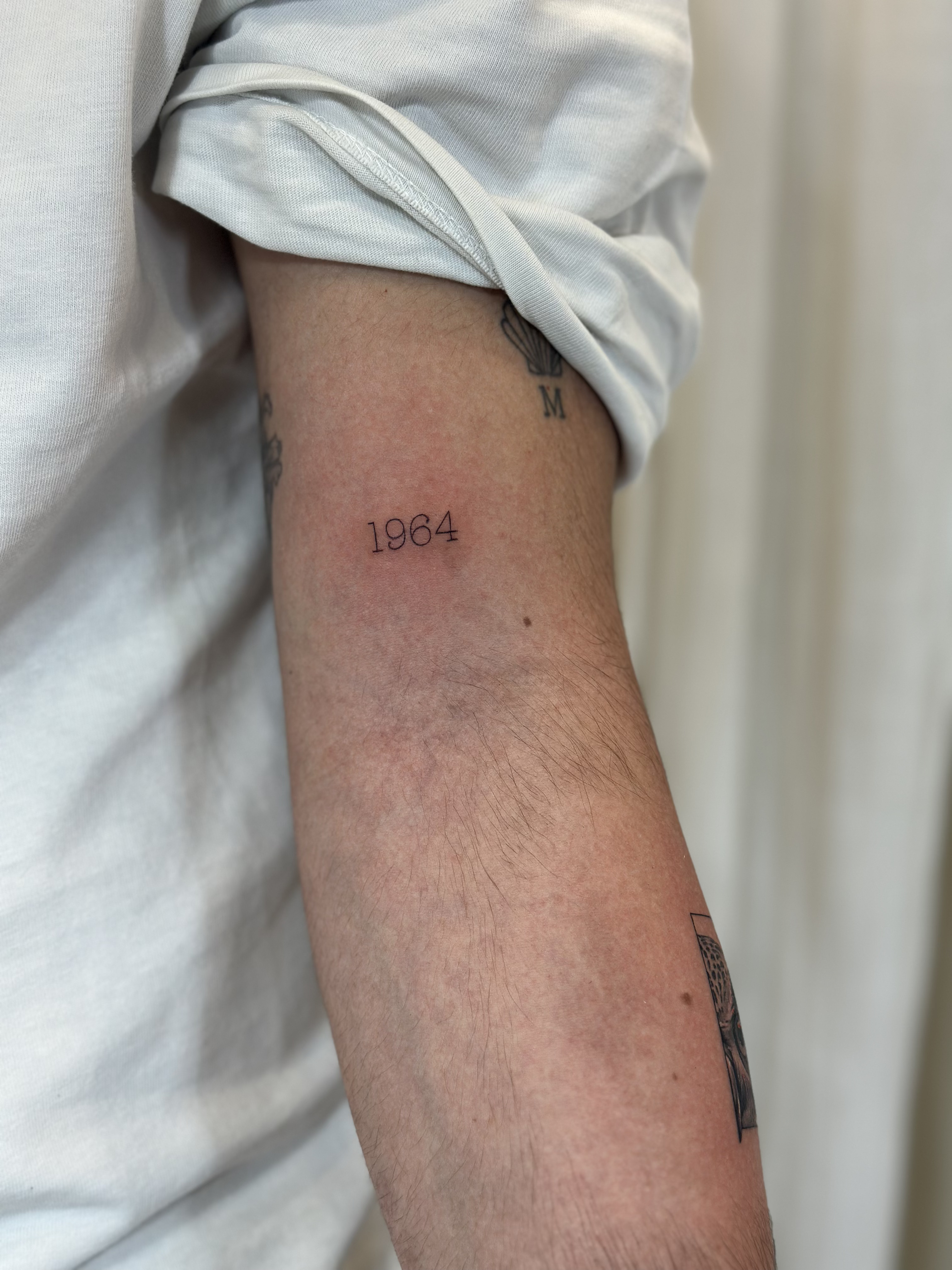 Tatuaje de 1964 en antebrazo, línea fina Sinkply Madrid