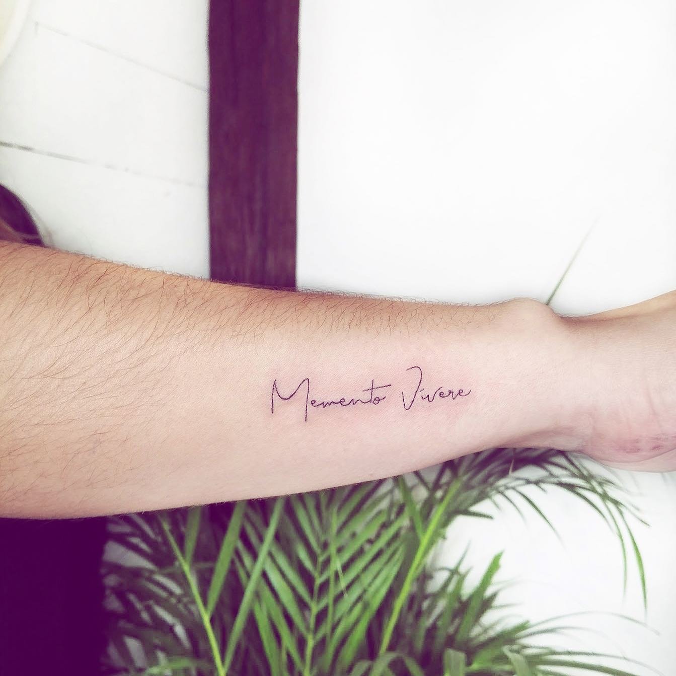 Tatuaje de frase en antebrazo, línea fina Sinkply Madrid