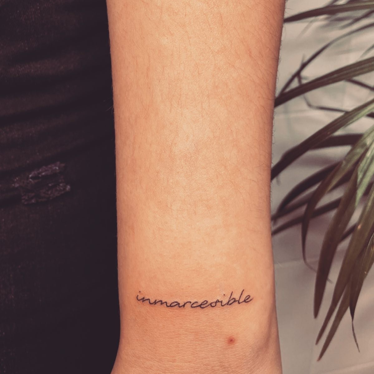 Tatuaje de frase en antebrazo, línea fina Sinkply Madrid