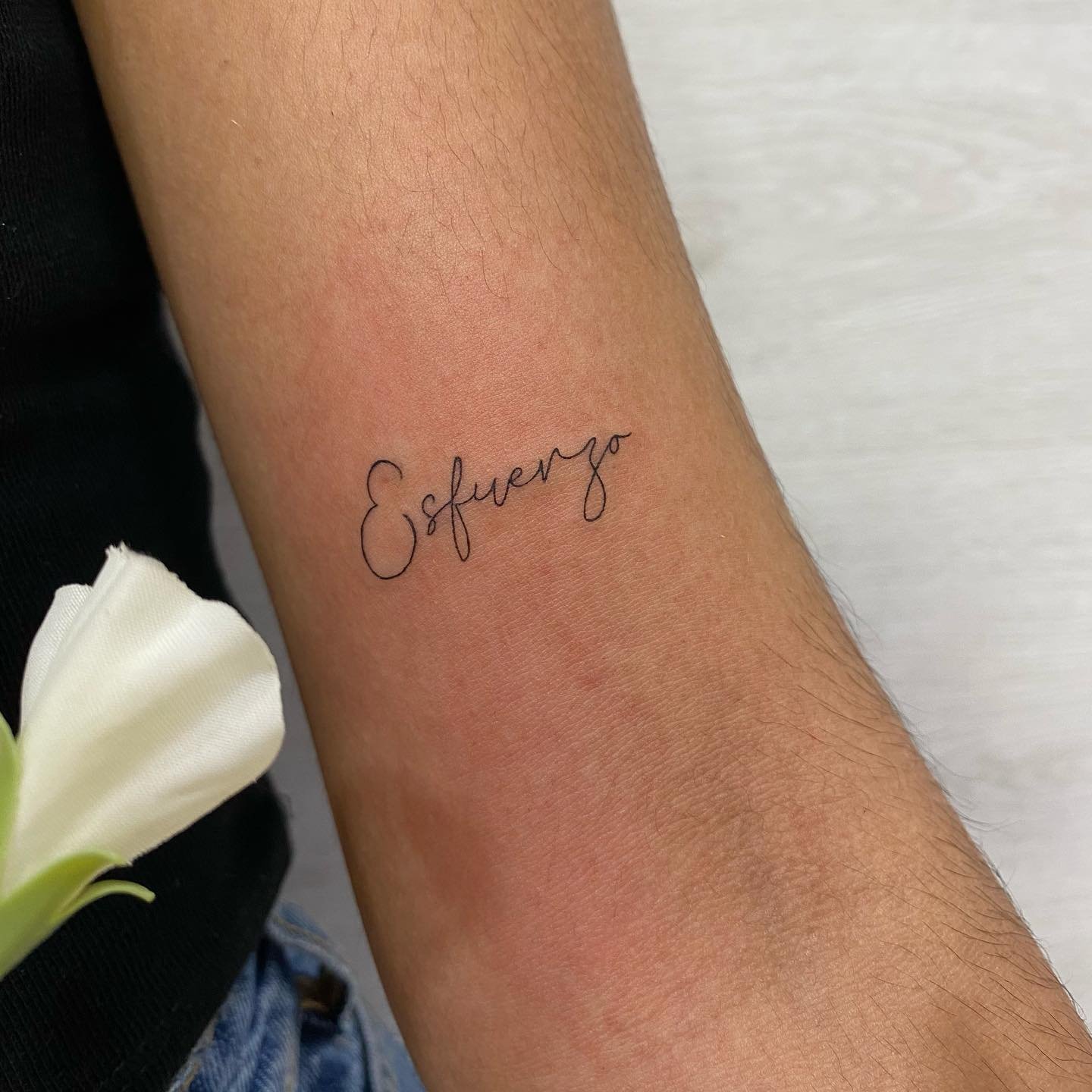 Tatuaje de frase en antebrazo, línea fina Sinkply Madrid
